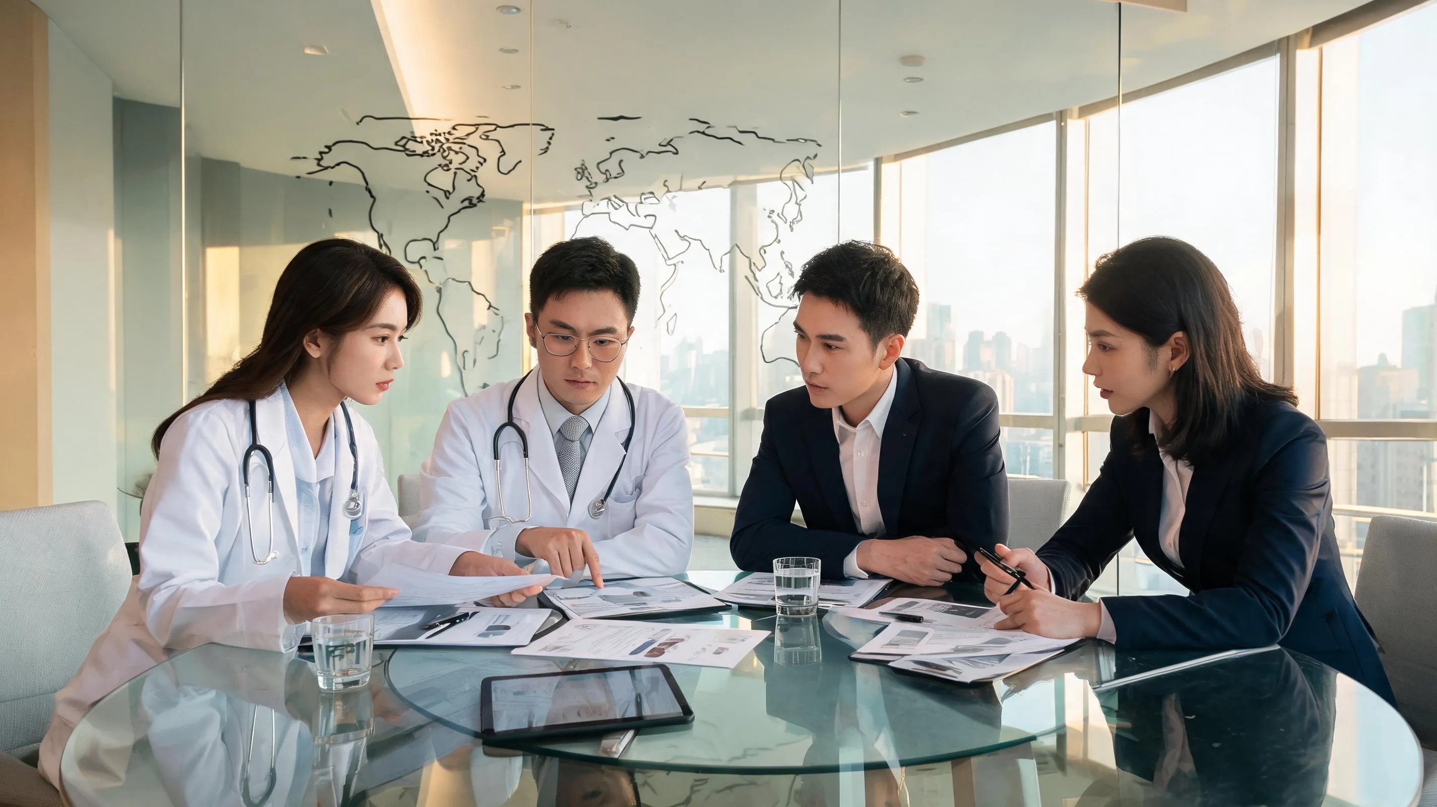 Medical and business professionals collaborating in a conference room