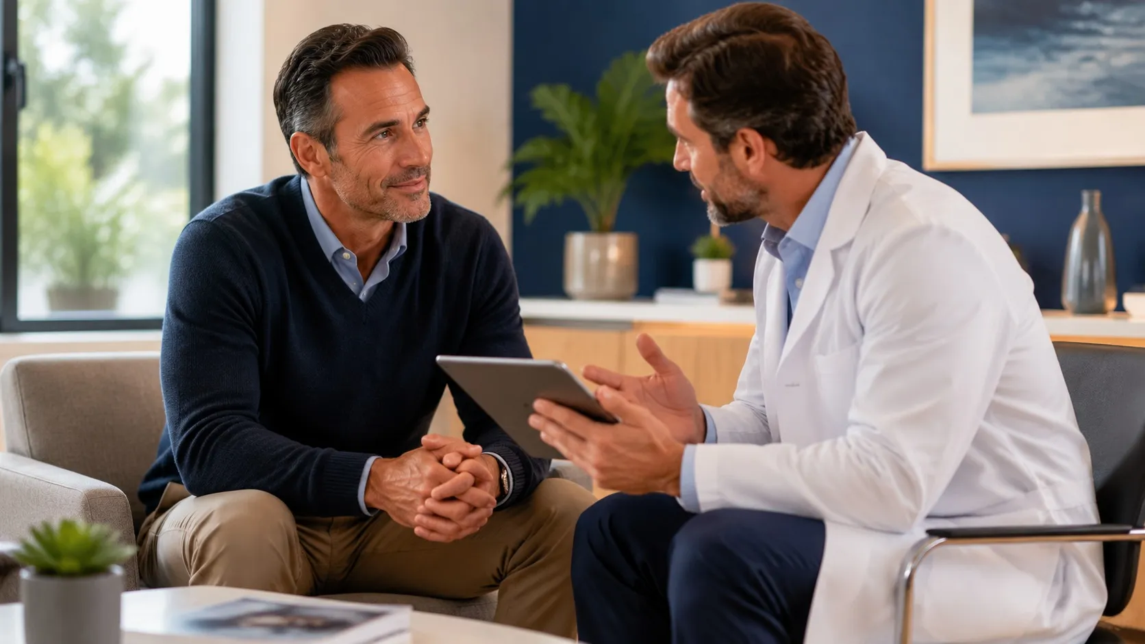 Urologist explaining BPH treatment options to male patient under 50 in modern clinic