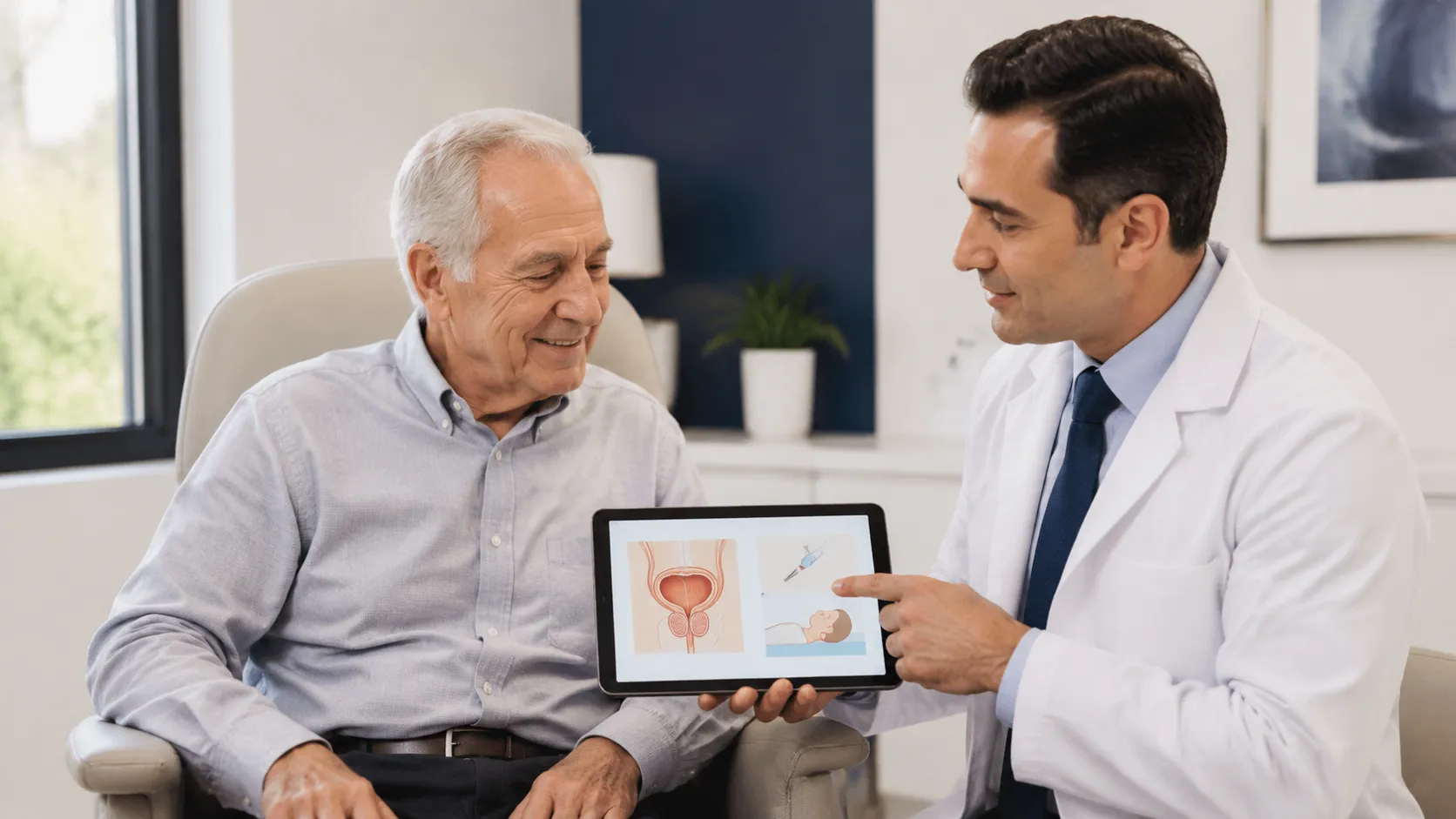 Elderly patient reassured — BPH treatment possible under sedation and local anesthesia