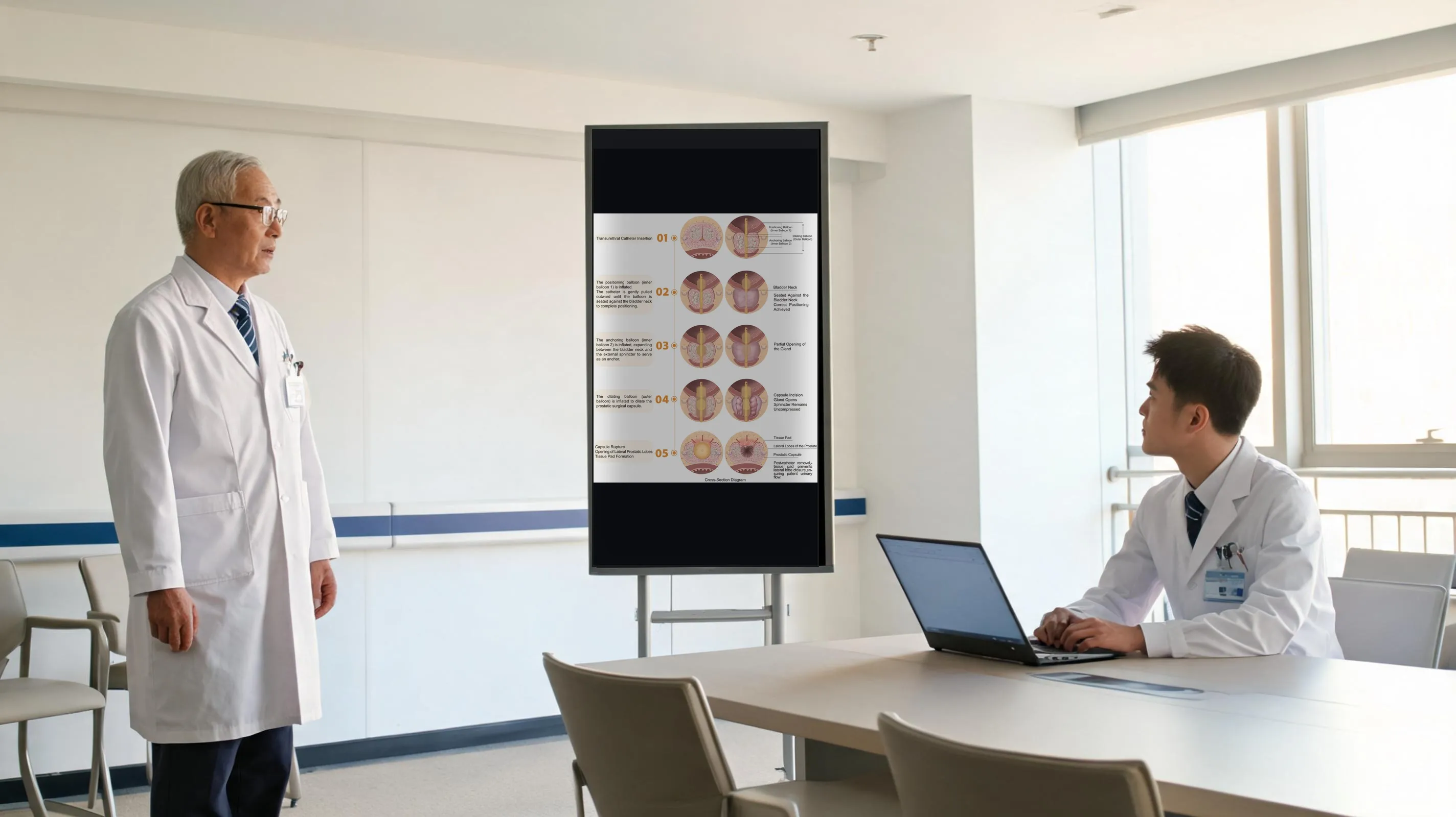 Senior urologist explaining BPH procedure steps to a physician colleague, with TUCBDP flow diagram on screen